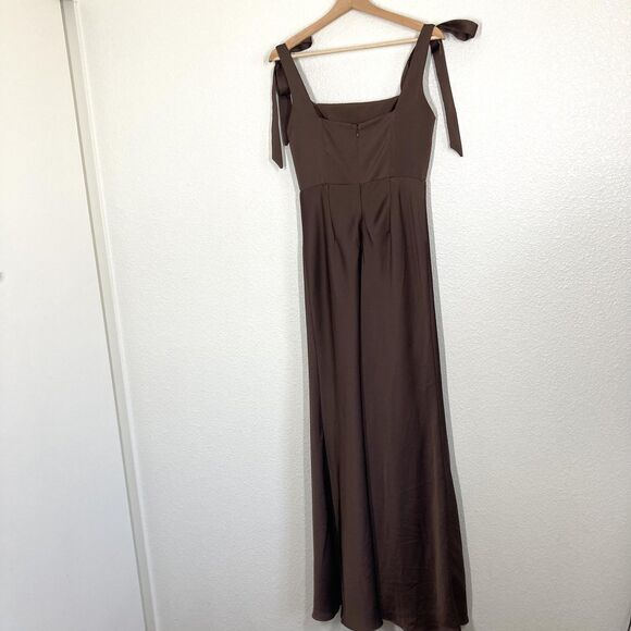 Birdy Grey Dress Womens Small Brown Satin Square Neck Tie Strap Maxi Bridesmaid - Picture 6 of 16